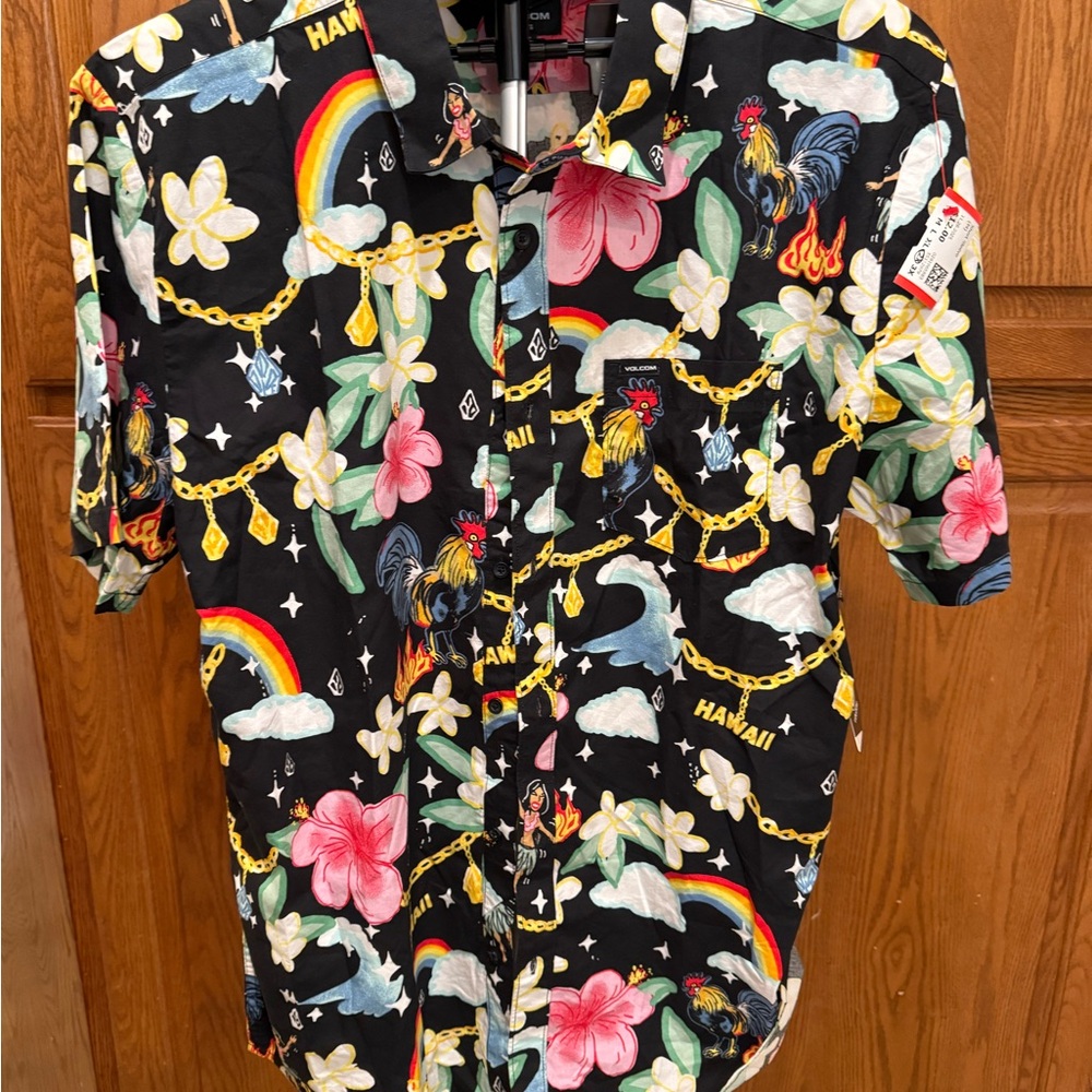 VOLCOM DREW TOONZ FLORAL HAWAIIAN LUAU CLASSIC FIT SHIRT BLACK MENS XXL NEW